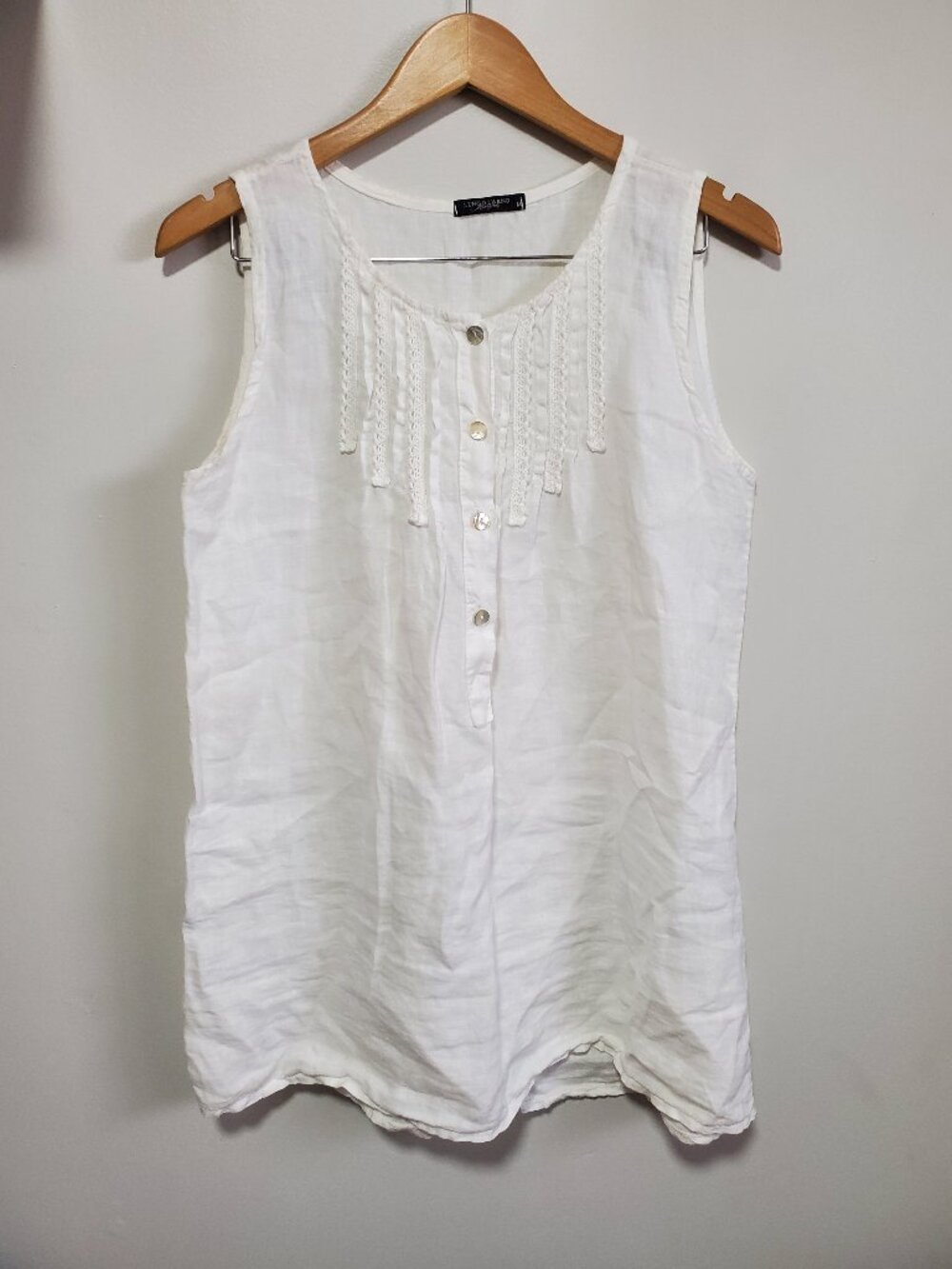 LUNGO L'ARNO 100% Linen Sleeveless Tunic Top White Medium Henley Summer Beach - Picture 2 of 13